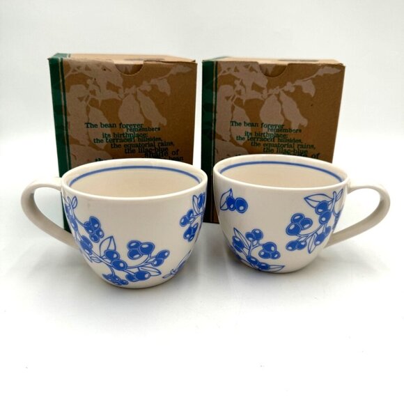 Starbucks 2007 Blue Cherry Cherries Ceramic Coffee Tea Mug 13oz Pair set of 2 wi - Picture 1 of 9